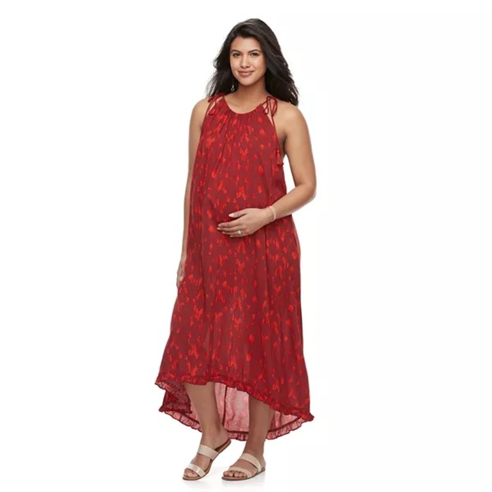 A:glow women’s maternity high low dress. Tassel ties at shoulders. Size small.